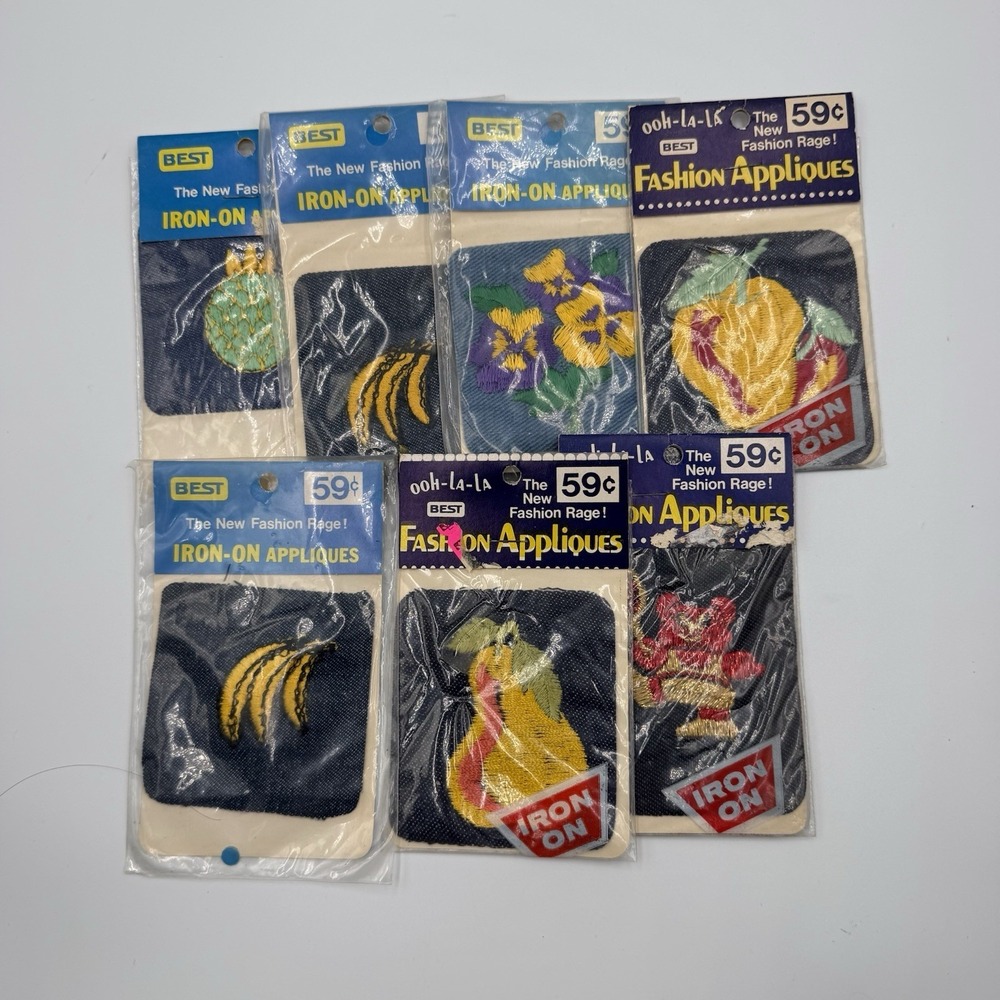 Vintage Iron On Appliques Lot of 7 Fruit Floral Patches NOS Sealed 1970s